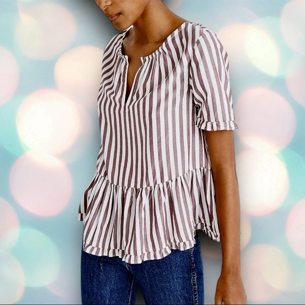 Madewell Women’s XXS White/Plum Striped Short Sleeve Peplum Blouse